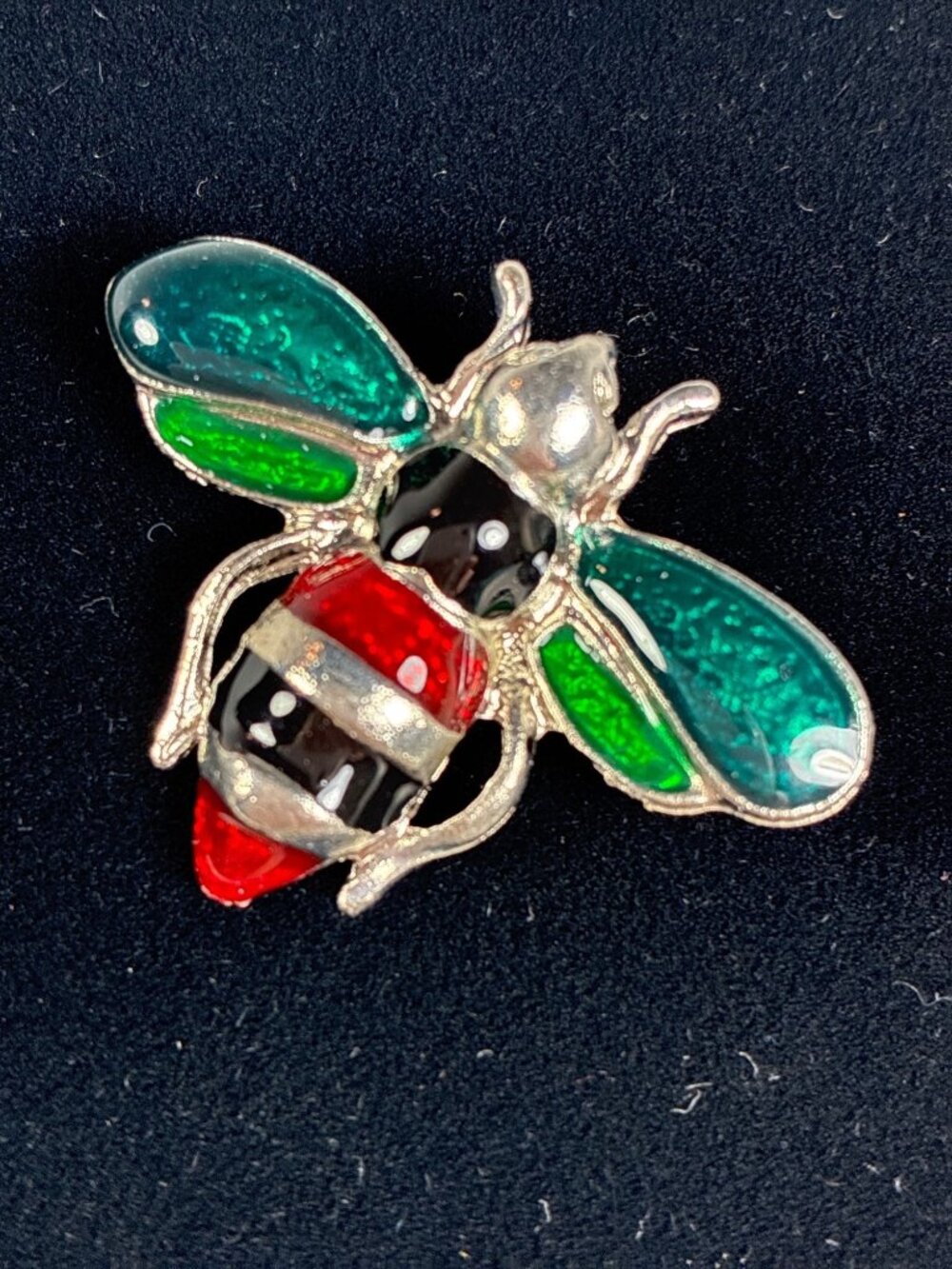 Colorful Enamel Bee Brooch Pin Red Green Teal Silvertone Insect Jewelry